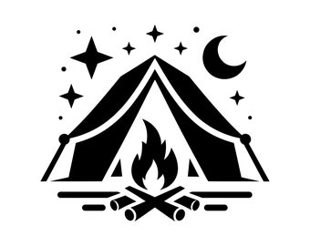 May include: Black and white silhouette of a tent with a campfire in front of it. There are stars and a crescent moon in the sky above the tent.
