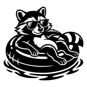 May include: Black and white illustration of a raccoon wearing sunglasses, relaxing on an inner tube in water. The raccoon has a striped tail and is smiling. The image is a graphic design.