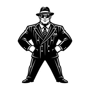 Könnte beinhalten: Eine schwarz-weiße grafische Illustration einer muskulösen Figur in einem zweireihigen Nadelstreifenanzug, einem Fedora-Hut und einer dunklen Sonnenbrille. Die Figur steht mit den Händen in den Hüften und trägt eine Krawatte sowie ein Einstecktuch.