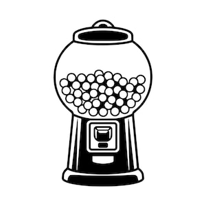 Może przedstawiać: Czarno-biała ilustracja automatu do gum do żucia wypełnionego gumami do żucia. Automat ma okrągły szklany górny element i czarną podstawę z dźwignią.
