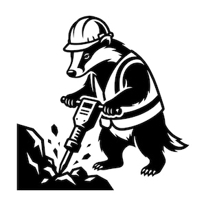 May include: Black and white illustration of a badger wearing a hard hat and safety vest, operating a jackhammer. The badger is breaking up a pile of rocks, with a white background.