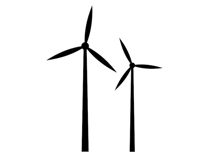 Puede incluir: Dos aerogeneradores negros con tres aspas cada uno, de pie sobre un fondo blanco.