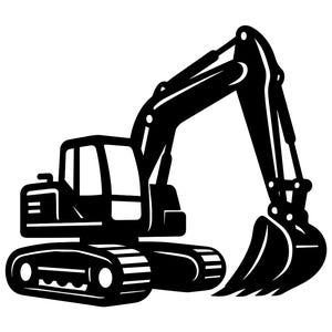 May include: Black and white illustration of an excavator, a heavy construction vehicle. The excavator has a cab, a boom, and a bucket. The tracks are visible. The image is a silhouette.