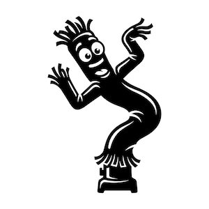 May include: Black and white illustration of a wacky waving inflatable tube man with a smiling face and arms outstretched. The figure has a wavy body and a base, commonly seen at businesses.