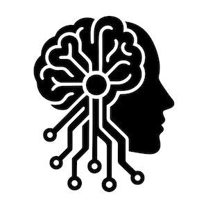 May include: A black and white graphic illustration of a human head with a brain and circuit board design. The brain is stylized with interconnected lines, and the circuit board extends from the brain.