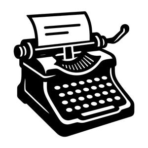 May include: Black and white illustration of a vintage typewriter. The typewriter has a paper inserted, keys, and a carriage return lever. The design is a simple, bold graphic, perfect for writers and those who appreciate classic office equipment.