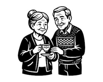 May include: A black and white graphic illustration of an older couple. The person on the left has hair in a bun and holds a small teacup and saucer. The person on the right has a mustache and wears a sweater with a geometric chevron pattern.