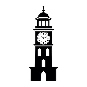 May include: Black silhouette of a clock tower with a clock face and a pointed roof.