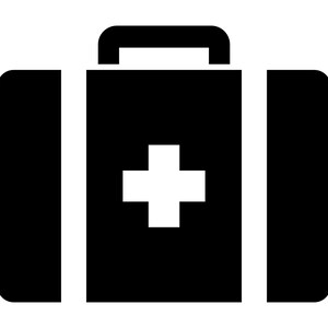 May include: Black and white illustration of a first aid kit. The kit is a rectangular shape with a handle on top and a white cross in the centre.