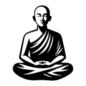 May include: A black and white illustration of a person sitting in a meditative pose, wearing a robe and with their eyes closed.