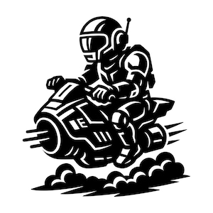 Puede incluir: Ilustración en blanco y negro de un astronauta futurista montado en un vehículo propulsado por cohetes. El astronauta lleva un casco y un traje espacial detallado. El vehículo tiene un motor cilíndrico y deja una estela de humo.