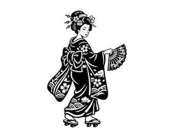 Geisha SVG - Kimono Woman Asian Culture Japan Art Folding Fan Sakura Printable Cut File, Instant Download, Commercial Use