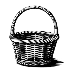 Könnte beinhalten: Schwarz-Weiß-Illustration eines geflochtenen Korbs mit Henkel. Der Korb ist rund mit einem gewebten Muster und einem gebogenen Henkel. Der Korb wirft einen Schatten.