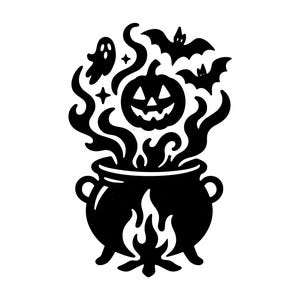 May include: Black and white Halloween-themed illustration featuring a cauldron with flames, a jack-o'-lantern, bats, a ghost, and stars. The design is a silhouette, perfect for spooky crafts and decorations.