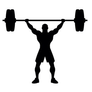 May include: Silhouette of a weightlifter in black, lifting a barbell overhead. The barbell has large, circular weights on each end. The weightlifter is wearing shorts and is centered against a white background, emphasizing strength and fitness.