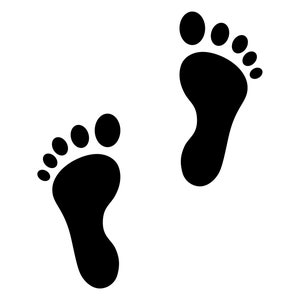 May include: Two black footprints on a white background.