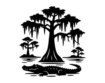 Swamp Scene SVG - Alligator Bayou Nature Wildlife Southern Landscape Printable Cut File, Instant Download, Commercial Use