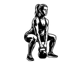 Sentadilla con pesa rusa SVG - Ejercicio de entrenamiento con pesas para mujer en el gimnasio, archivo de corte imprimible, descarga instantánea, uso comercial.