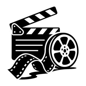 Op de afbeelding: Een zwart-wit illustratie van een filmklapper, filmrol en filmstrip. De klapper is open en de filmstrip stroomt uit de rol. De afbeelding is een symbool van de filmindustrie.