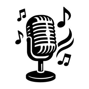 Puede incluir: Ilustración en blanco y negro de un micrófono vintage con notas musicales. El micrófono, de diseño clásico, está rodeado de notas musicales, lo que sugiere un tema relacionado con la música o la actuación, sobre un fondo blanco.