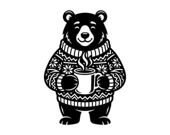 Sweater Bear SVG - Cozy Winter Hot Cocoa Christmas Holiday Coffee Mug Printable Cut File, Instant Download, Commercial Use