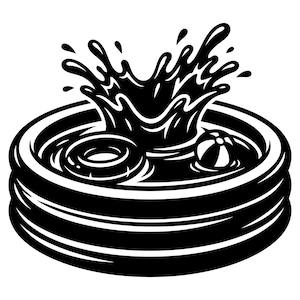 Op de afbeelding: Zwart-wit illustratie van een splash in een ronde opblaasbare zwembad. Een ringvlotter en een strandbal liggen in het water. Het water spettert omhoog, waardoor een dynamische en speelse scène ontstaat, perfect voor de zomer.