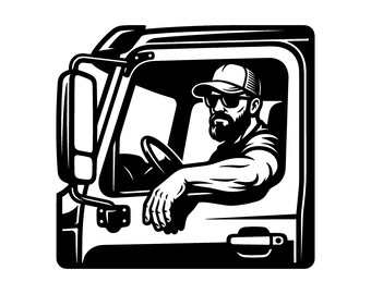 SVG de camionero - Camión semirremolque, hombre barbudo, carretera, transporte de mercancías. Archivo de corte imprimible, descarga instantánea, uso comercial.