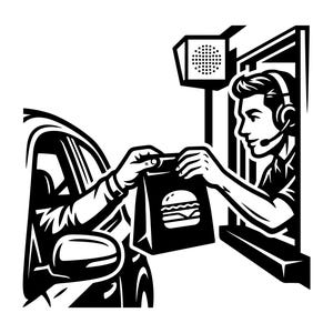 May include: Black and white illustration of a drive-thru restaurant scene. A person in a car reaches out to receive a bag from a worker wearing a headset. The bag features a burger graphic.