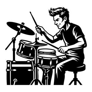 May include: A black and white graphic illustration of a drummer sitting on a stool, playing a drum kit that includes a bass drum, snare drum, tom-tom, and a cymbal. The drummer is holding two drumsticks and is positioned behind the set.