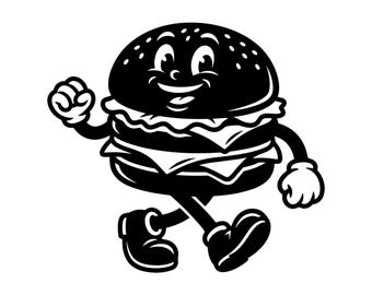 Cartoon Hamburger SVG - Fast Food Vintage Mascot Rubber Hose Junk Food Printable Cut File, Instant Download, Commercial Use