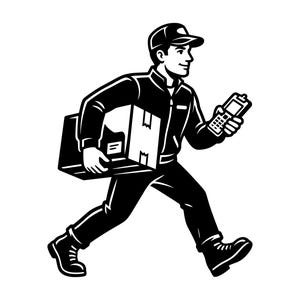 Può includere: Un'illustrazione grafica in bianco e nero di un corriere con berretto e divisa, che corre tenendo una scatola di cartone rettangolare sotto un braccio e un dispositivo elettronico di scansione portatile nell'altra mano.