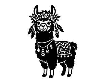 Archivo SVG de llama bohemia - Lindo diseño tribal de alpaca con corona floral para guardería, archivo de corte imprimible, descarga instantánea, uso comercial.