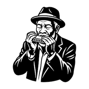 Könnte beinhalten: Schwarz-Weiß-Illustration eines Mannes, der Mundharmonika spielt. Der Mann trägt einen Fedora-Hut und einen Anzug. Die Mundharmonika wird an seinen Mund gehalten. Das Bild ist im klassischen Vintage-Stil gehalten.