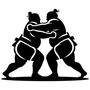 Könnte beinhalten: Zwei Sumo-Ringer in schwarzen Silhouetten, die sich in einer Kampfhaltung gegenüberstehen. Ein Ringer hat seinen linken Arm um die Taille des anderen Ringers gelegt, während der andere Ringer seinen rechten Arm in einer defensiven Position erhoben hat.
