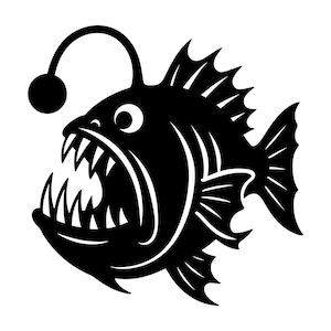 Peut inclure: Illustration en noir et blanc d'une baudroie abyssale. Le poisson a une grande bouche pleine de dents acérées, une leurre lumineux et des nageoires épineuses. Le design est une représentation graphique audacieuse d'une créature des abysses.