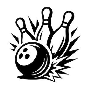 Könnte beinhalten: Schwarz-weiße Grafik eines Bowlingballs, der drei Kegel trifft. Der Ball hat drei Löcher und ist in Bewegung, mit stilisierten Linien, die Geschwindigkeit und Aufprall anzeigen. Sportliches Thema.