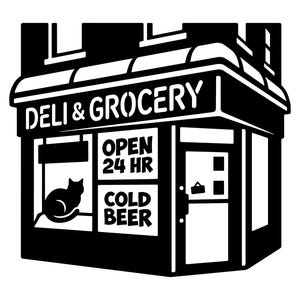 May include: Black and white illustration of a deli and grocery store. The sign reads "DELI & GROCERY" with additional text indicating it's open 24 hours and sells cold beer. A silhouette of a cat is in the window.