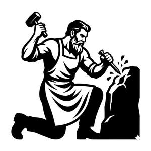 May include: A monochrome illustration of a kneeling artisan using a hammer and chisel to carve stone. The artisan is wearing an apron. The image depicts craftsmanship and skill, with a focus on the work.