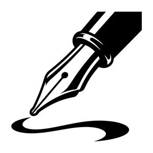 Può includere: Illustrazione in bianco e nero di una penna stilografica che scrive una linea curva. Il pennino è raffigurato in dettaglio, con un design elegante. L'immagine è su sfondo bianco, evidenziando la penna e il tratto che crea.