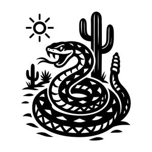 May include: A monochrome illustration featuring a coiled rattlesnake, cacti, and a sun. The snake has its tongue out. The graphic design is suitable for various applications, such as clothing or home decor.