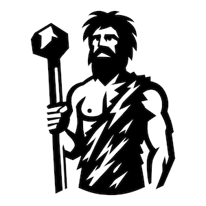 May include: Black and white illustration of a prehistoric man holding a large stone club.