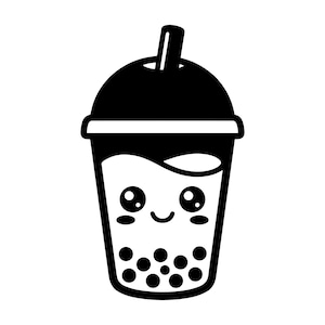 May include: Black and white illustration of a bubble tea drink with a smiling face. The drink is in a clear plastic cup with a black lid and straw. The bottom of the cup has several dark circles, representing the tapioca pearls.
