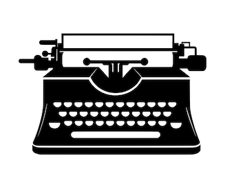 May include: A black and white silhouette of a vintage typewriter with a classic design. The typewriter has a round carriage return lever and a row of keys.