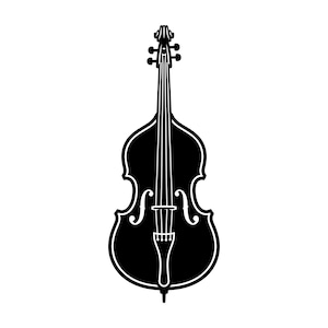 May include: A monochrome illustration of a double bass. The instrument is shown in a minimalist style, highlighting its shape and structure. The double bass is a stringed instrument, commonly used in jazz and classical music ensembles.