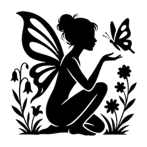 May include: A black silhouette of a fairy with large wings, kneeling and reaching out to a butterfly. The fairy is surrounded by stylized flowers and foliage, creating a whimsical and enchanting scene.