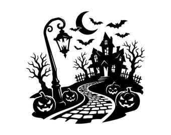 Haunted House SVG - Spooky Mansion Jack O Lantern Halloween Creepy Bats Fall Decor Printable Cut File, Instant Download, Commercial Use