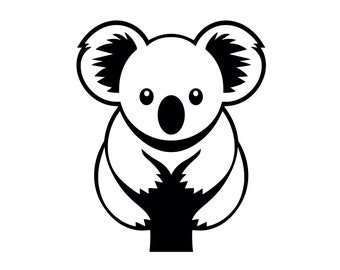 Könnte beinhalten: Schwarzweiß-Illustration eines Koalas, der in einem Baum sitzt. Der Koala hat große Ohren und ein süßes, lächelndes Gesicht.