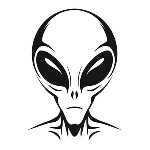 May include: Black and white illustration of an alien's head with large eyes and a serious expression.