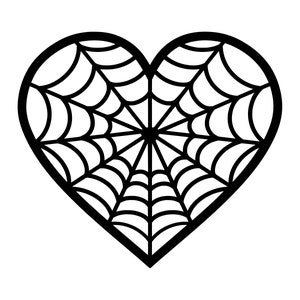 May include: A black and white illustration of a heart-shaped spider web.
