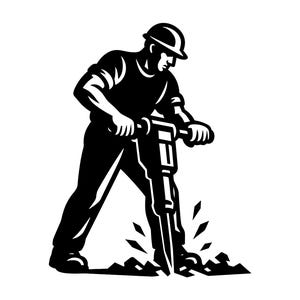 May include: Black and white illustration of a construction worker using a jackhammer. The worker wears a hard hat and is breaking up the ground. The image is a bold, graphic design.